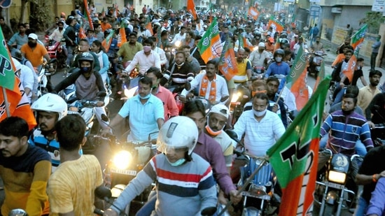 BJP workers participate in a bike rally to protest against the ruling TMC government in Kolkata, (Representative Image)(PTI) BJP workers participate in a bike rally to protest against the ruling TMC government in Kolkata, (Representative Image)(PTI)