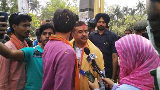 BJP leader Suvendu Adhikari at one of his roadshows in Amdabad, Nandigram in West Bengal. (HT PHOTO.) BJP leader Suvendu Adhikari at one of his roadshows in Amdabad, Nandigram in West Bengal. (HT PHOTO.)