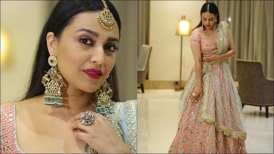 Swara Bhasker flaunts ‘tootie-frootie’ look in <span class='webrupee'>?</span>3.8 lakh lehenga at Lucknow(Instagram/reallyswara)