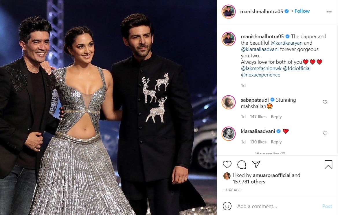 Saba Ali Khan commented on Manish Malhotra's post featuring Kartik Aaryan and Kiara Advani.