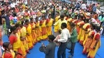Matua community people dance and sing during a demonstration against chief minister Mamata Banerjee demanding for various facilities, in Kolkata on Saturday, during a protest rally