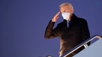 While presidents typically take the Marine One helicopter for the brief trip, weather forced the president Biden to fly to Hagerstown, Maryland, via Air Force One, before taking a motorcade to the camp.(AP)