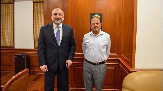 Afghan foreign minister Mohammed Haneef Atmar with NSA Ajit Doval during a meeting in New Delhi on Tuesday. (PTI PHOTO.) Afghan foreign minister Mohammed Haneef Atmar with NSA Ajit Doval during a meeting in New Delhi on Tuesday. (PTI PHOTO.)