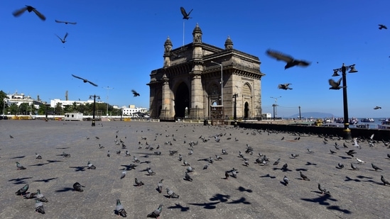 Gateway of India overrun by pigeons after police closed it off due to precautions in light of rising Covid-19 cases, on March 19, 2020. (Anshuman Poyrekar / HT Archive)
