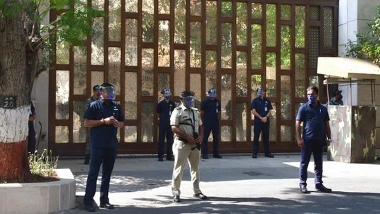 Police personnel guard Antilia, the residence of industrialist Mukesh Ambani. (HT file)