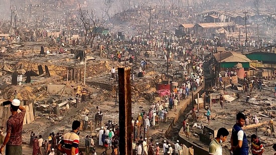 A general view of a Rohingya refugee camp after a fire burned down all the shelters, in Cox's Bazar on March 23. Humanitarian organization Refugees International, which estimated 50,000 people had been displaced, said the extent of the damage may not be known for some time, Reuters reported.(Ro Yassin Abdumonab / REUTERS)