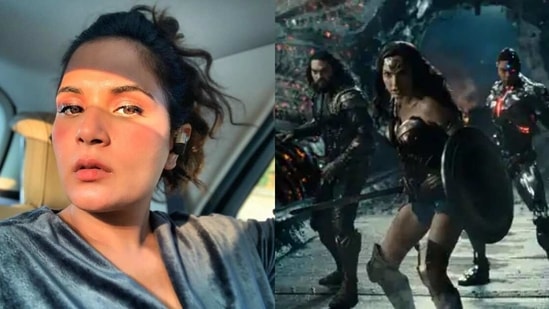 Richa Chadha reacts to a scene from Justice League. 