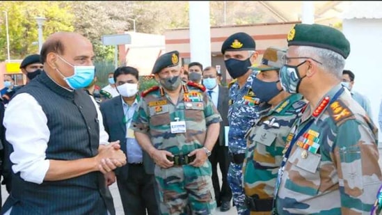 Air Chief Marshal RKS Bhadauria donning Indian Army camouflage in spirit of joint manship at the combined commanders conference at Kevadia in Gujarat.
