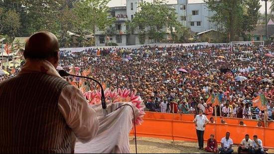 Union defence minister Rajnath Singh at a poll rally in Assam’s Lumding on Tuesday. (TWITTER/@rajnathsingh.) Union defence minister Rajnath Singh at a poll rally in Assam’s Lumding on Tuesday. (TWITTER/@rajnathsingh.)