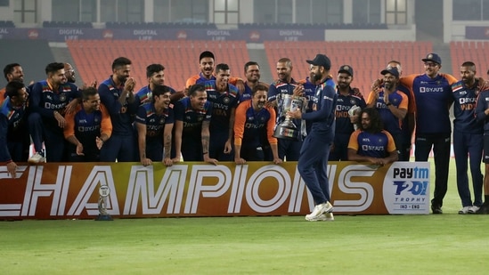 India's captain Virat Kohli walks with the winners trophy after their win in the fifth Twenty20 cricket match between India and England at Narendra Modi Stadium in Ahmedabad, India, Saturday, March 20, 2021. Indian won the series 3-2. (AP Photo/Ajit Solanki) (AP) India's captain Virat Kohli walks with the winners trophy after their win in the fifth Twenty20 cricket match between India and England at Narendra Modi Stadium in Ahmedabad, India, Saturday, March 20, 2021. Indian won the series 3-2. (AP Photo/Ajit Solanki) (AP)