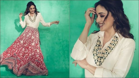 Madhuri Dixit looks like epitome of 'nazakat' in silk top, pink Parsi Gara  skirt