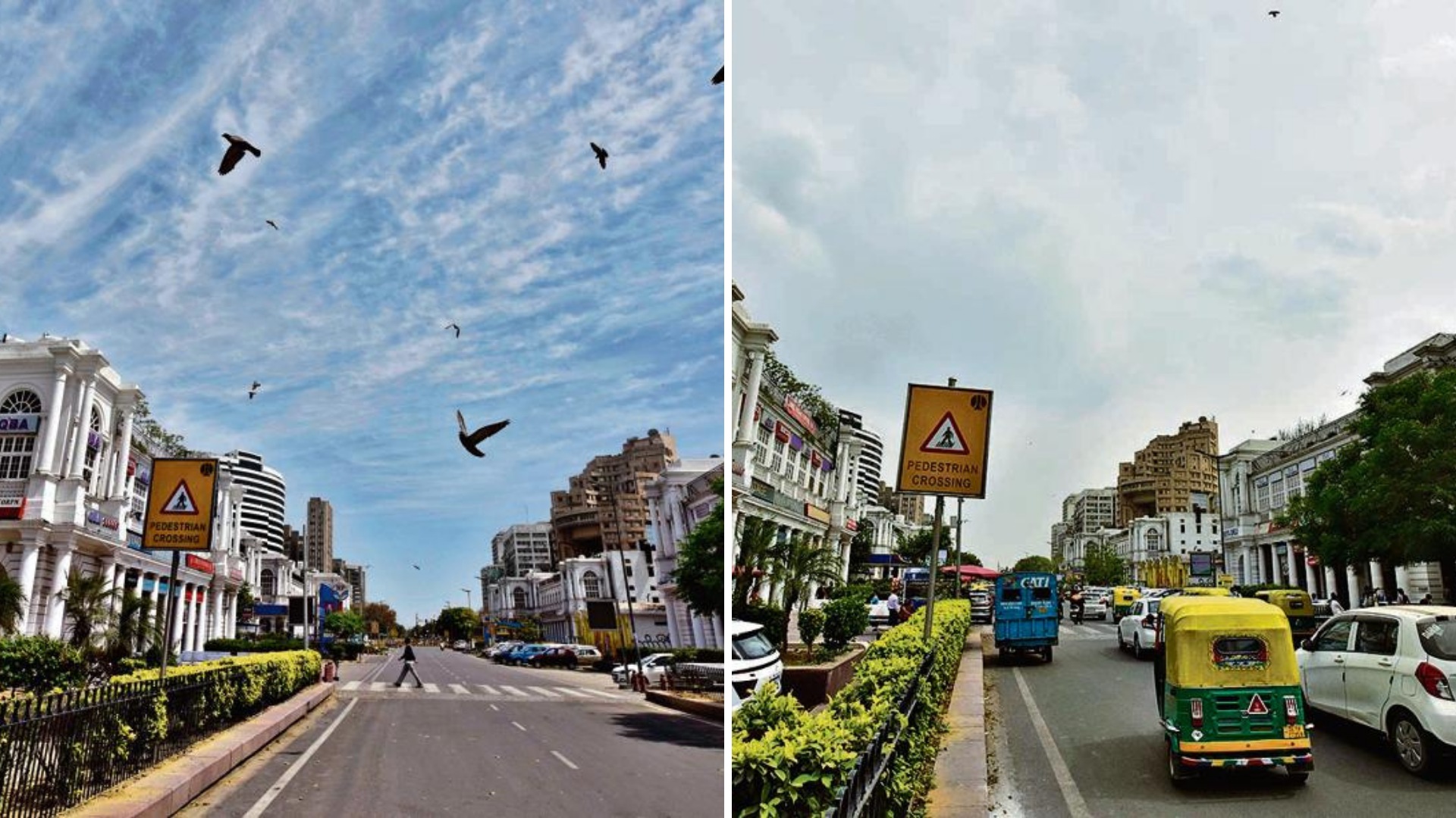 A deserted view (left) of one of the busiest markets in the national capital, Connaught Place, during the nationwide lockdown on April 3; versus the traffic on Tuesday. (Sanjeev Verma/HT Photo)