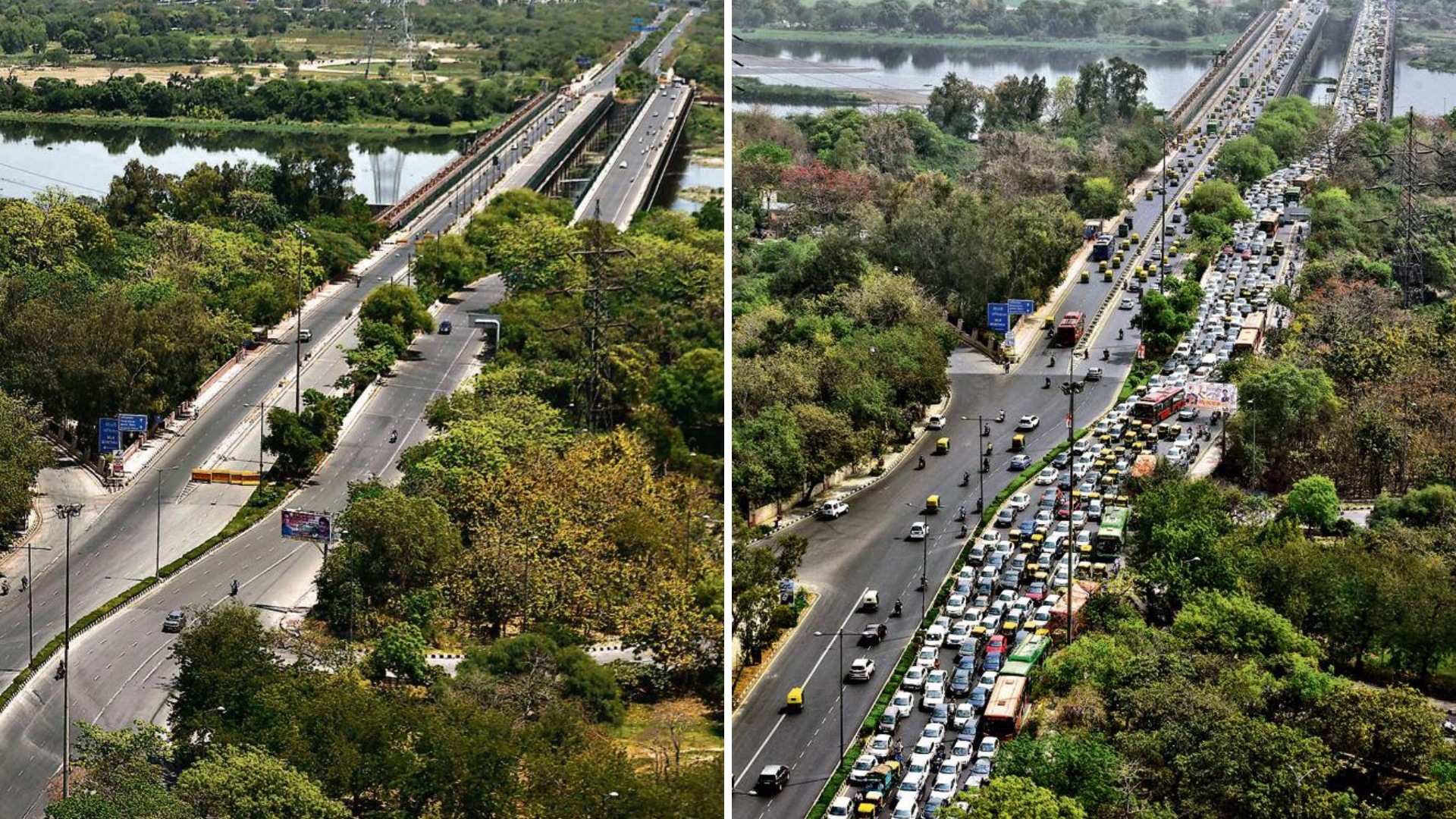 An aerial view of the green cover and empty stretches (left) of New Delhi’s Vikas Marg and ITO Bridge on April 17, 2020, versus a swarm of vehicles on the road on Tuesday. (Sonu Mehta and Sanchit Khanna/HT Photo)