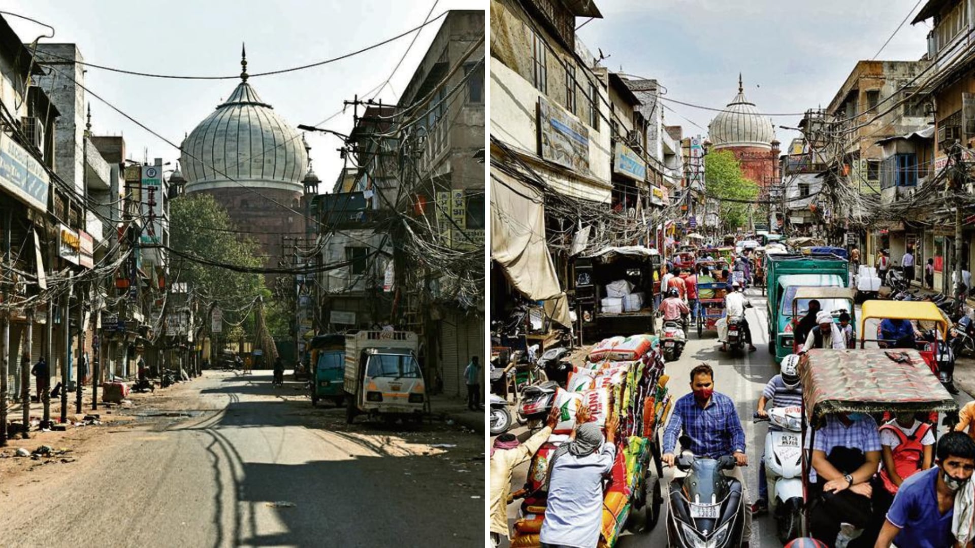 The iconic Jama Masjid (Left) and the adjoining Chandni Chowk market in the national capital during the lockdown on March 22, 2020. The area is now open to the public and is reporting big crowds (Right). (Sanchit Khanna/HT Photo)