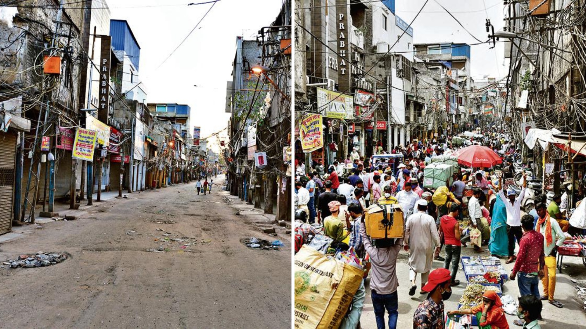 Sadar Bazar, one of Delhi’s biggest wholesale markets, wears a deserted look during the lockdown on April 1, 2020 (Left). A huge crowd of shoppers is seen on Tuesday (Right). Ajay Aggarwal and Sanchit Khanna/ HT Photo