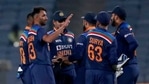 India's Prasidh Krishna, second left, and teammates celebrate their win in the first One Day International cricket match between India and England at Maharashtra Cricket Association Stadium in Pune, India, (AP) India's Prasidh Krishna, second left, and teammates celebrate their win in the first One Day International cricket match between India and England at Maharashtra Cricket Association Stadium in Pune, India, (AP)