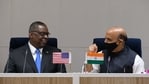 Lloyd Austin, US secretary of defence (L) and Rajnath Singh, India's defence minister, during a joint news conference at Vigyan Bhawan in New Delhi, India(Bloomberg)