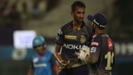 Prasidh Krishna with Dinesh Karthik during an IPL match Prasidh Krishna with Dinesh Karthik during an IPL match