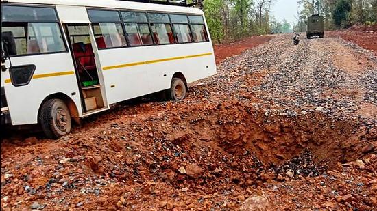 Around 90 DRG jawans were returning in four buses after a two-day anti-Naxal operation which took place in the jungles of Abujhmad in Narayapur district when the blast took place on Tuesday evening on the under-construction Barsoor-Palli Road which is surrounded by the dense forest of Abujhmad. (PTI PHOTO.) Around 90 DRG jawans were returning in four buses after a two-day anti-Naxal operation which took place in the jungles of Abujhmad in Narayapur district when the blast took place on Tuesday evening on the under-construction Barsoor-Palli Road which is surrounded by the dense forest of Abujhmad. (PTI PHOTO.)