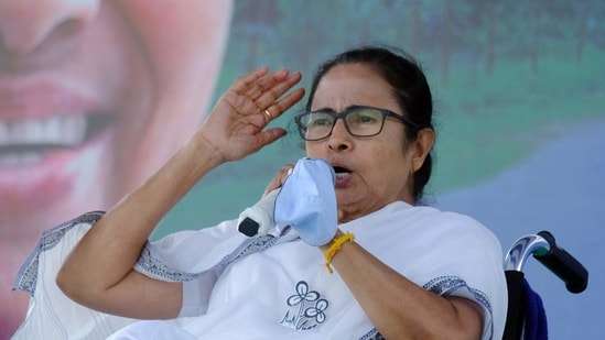 West Bengal CM Mamata Banerjee addresses an election rally, at Indas in Bakura on Monday. (ANI)