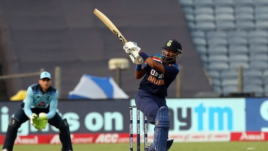 India's Krunal Pandya plays a shot during the first ODI between India and England at Maharashtra Cricket Association Stadium, in Pune on Tuesday. (BCCI/ANI Photo)