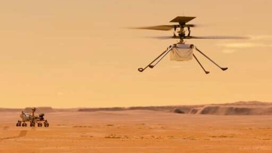 This illustration made available by NASA depicts the Ingenuity helicopter on Mars which was attached to the bottom of the Perseverance rover.(AP)