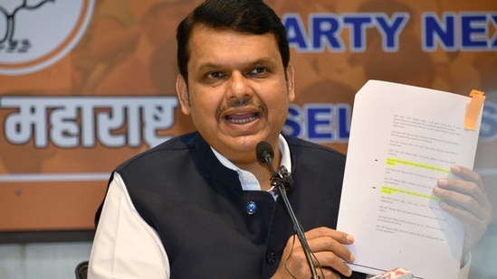 BJP leader Devendra Fadnavis addresses a press conference in Mumbai on Tuesday.(PTI Photo)