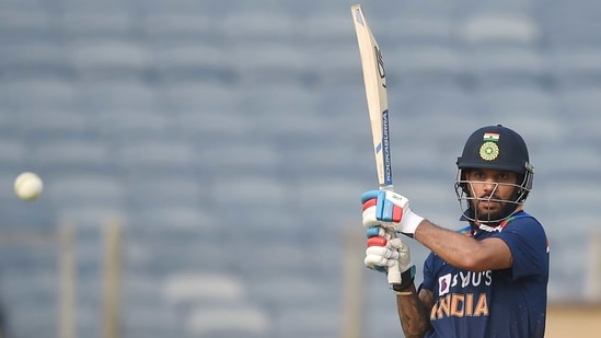 India's Shikhar Dhawan plays a shot during the first One Day International cricket match between India and England at Maharashtra Cricket Association Stadium, in Pune, Tuesday, March 23, 2021(PTI) India's Shikhar Dhawan plays a shot during the first One Day International cricket match between India and England at Maharashtra Cricket Association Stadium, in Pune, Tuesday, March 23, 2021(PTI)
