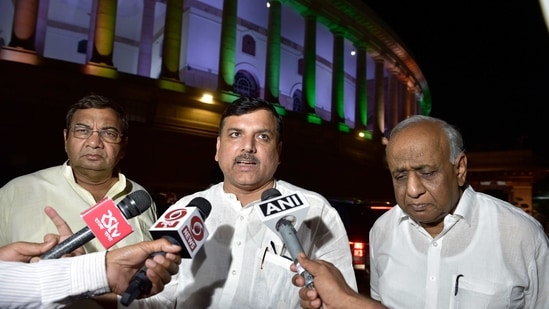 AAP MPs Sanjay Singh, Sushil Gupta (L) and Narain Dass Gupta speak to media after the Upper House passed the GNCT of Delhi (Amendment) bill 2021, during the Budget Session of Parliament, in New Delhi, Wednesday, March 24, 2021. (PTI)