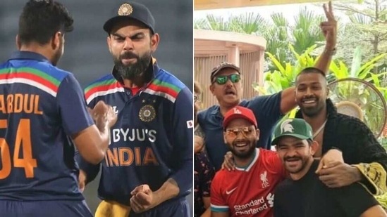 Virat Kohli celebrates a wicket during 1st ODI (L), head coach Ravi Shastri with teammates (R) (HT Collage) Virat Kohli celebrates a wicket during 1st ODI (L), head coach Ravi Shastri with teammates (R) (HT Collage)