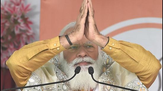 Prime Minister Narendra Modi during an election rally, ahead of West Bengal assembly polls at Kanthi in East Midnapore district on Wednesday. (PTI PHOTO.)