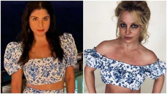 Maheep Kapoor and Britney Spears seen in the same blue and white top.