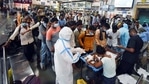 Passengers stand in a queue for the Covid-19 test, at Chhatrapati Shivaji Maharaj Terminus in Mumbai on Wednesday. (ANI) Passengers stand in a queue for the Covid-19 test, at Chhatrapati Shivaji Maharaj Terminus in Mumbai on Wednesday. (ANI)