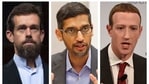 This combination of 2018-2020 photos shows, from left, Twitter CEO Jack Dorsey, Google CEO Sundar Pichai, and Facebook CEO Mark Zuckerberg. (AP)