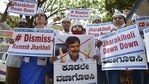 Members of the Aam Adami Party raise slogans against Karnataka Minister Ramesh Jarkiholi for his alleged involvement in CD row in Bengaluru, Wednesday, March 3, 2021.(PTI) Members of the Aam Adami Party raise slogans against Karnataka Minister Ramesh Jarkiholi for his alleged involvement in CD row in Bengaluru, Wednesday, March 3, 2021.(PTI)