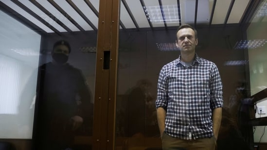 Russian opposition politician Alexei Navalny attends a hearing to consider an appeal against an earlier court decision to change his suspended sentence to a real prison term, in Moscow, Russia February 20, 2021. (Reuters)