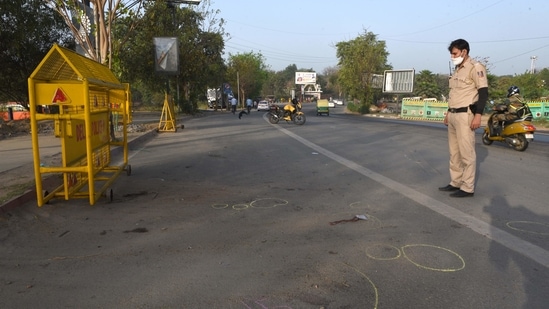 A view of the street where two wanted criminals were injured in an encounter with Delhi Police Crime Branch, at Pragati Maidan, near Bhairon Mandir, in New Delhi, India, on Thursday, March 25, 2021. (Arvind Yadav/HT Photo)