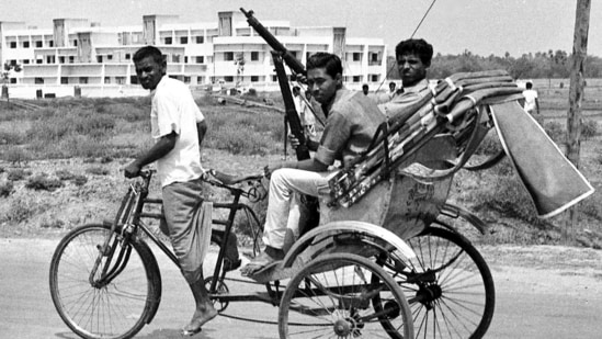 Armed East Pakistan fighters head for the battlefront by pedicab, in Jessore, East Pakistan, on April 2, 1971. While most in West Pakistan and East Pakistan shared a common religion — Islam — there were key differences, including language, with Bengali being widely spoken in East Pakistan and Urdu in West Pakistan. That became a point of tension in East Pakistan as the West's Urdu-speaking elite rose to power.(AP)