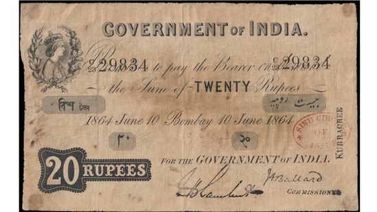 Reeling (and heavily in debt) from quelling the Revolt of 1857, control of India was passed from the East India Company to the Crown. The Paper Currency Act of 1861 gave the British the monopoly to issue notes in the colony, and profit from the interest on issuing notes against coins. The early notes were simple, featured the image of Queen Victoria, and were printed in England.(Rezwan Razack)