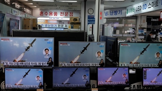 A man wearing a face mask stands near TV screens showing a news program reporting about North Korea's missiles with file images at an electronic shop in Seoul, South Korea, Wednesday, March 24, 2021. North Korea fired short-range missiles this past weekend, just days after the sister of Kim Jong Un threatened the United States and South Korea for holding joint military exercises. (AP Photo/Lee Jin-man) (AP) A man wearing a face mask stands near TV screens showing a news program reporting about North Korea's missiles with file images at an electronic shop in Seoul, South Korea, Wednesday, March 24, 2021. North Korea fired short-range missiles this past weekend, just days after the sister of Kim Jong Un threatened the United States and South Korea for holding joint military exercises. (AP Photo/Lee Jin-man) (AP)