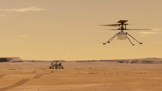 This NASA photo obtained on March 24, 2021 shows an illustration depicting Mars Helicopter Ingenuity during a test flight on Mars. (AFP)