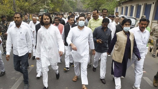 RJD leader Tejashwi Yadav staged a protest march with grand alliance legislators on liquor prohibition issue, during the Budget Session of Bihar Assembly, in Patna. (PTI Photo) RJD leader Tejashwi Yadav staged a protest march with grand alliance legislators on liquor prohibition issue, during the Budget Session of Bihar Assembly, in Patna. (PTI Photo)