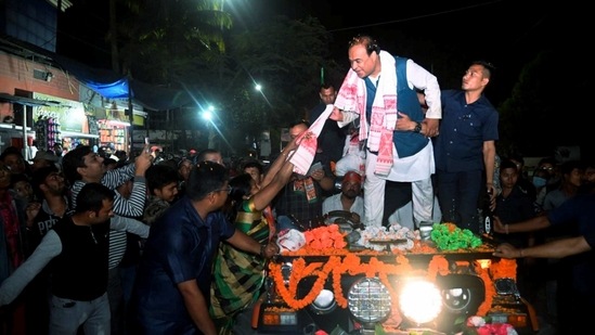 Assam Minister and BJP candidate Himanta Biswa Sarma during a roadshow ahead of the state assembly polls, in Assam's Tinsukia district, Sunday, March 21, 2021. (PTI)
