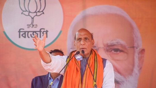 Rajnath Singh took a dig at the TMC's 'khela hobe' (game will be played) slogan, and said Bengal, now on, will witness only work and development.(PTI) Rajnath Singh took a dig at the TMC's 'khela hobe' (game will be played) slogan, and said Bengal, now on, will witness only work and development.(PTI)