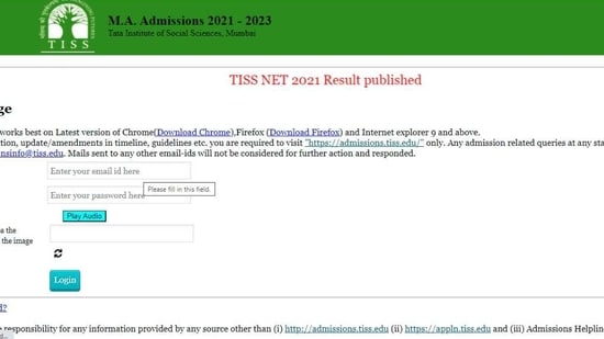 TISSNET Result 2021(Screengrab ) TISSNET Result 2021(Screengrab )