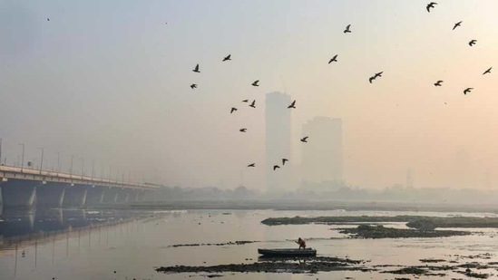 A boatman wades through toxic foam floating on the river Yamuna at Kalindi Kunj in New Delhi on November 1. (PTI Photo)