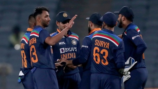 India's Prasidh Krishna celebrates with teammates. (AP) India's Prasidh Krishna celebrates with teammates. (AP)
