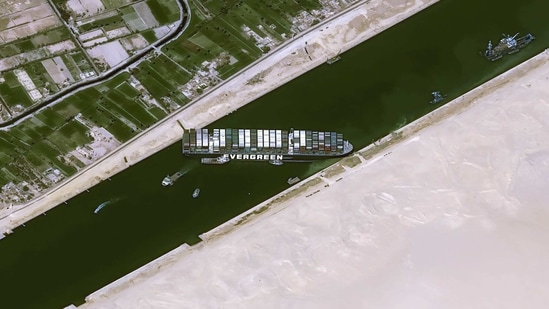 A satellite image shows stranded container ship Ever Given after it ran aground in Suez Canal, Egypt March 25, 2021. (CNES/AIRBUS DS via REUTERS)