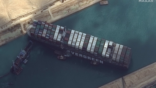 Ever Given container ship is pictured in Suez Canal in this Maxar Technologies satellite image taken on March 26, 2021. (Reuters)