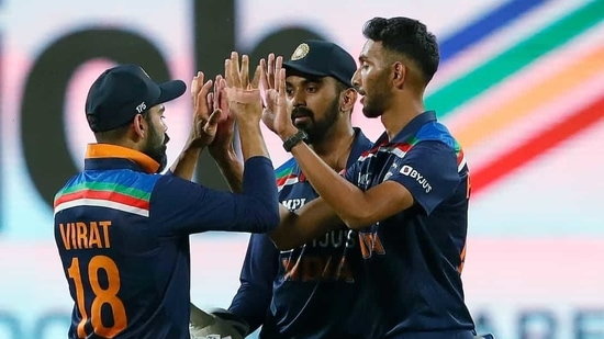 India's Prasidh Krishna celebrates the dismissal of England's Jason Roy during the first ODI between India and England at Maharashtra Cricket Association Stadium, in Pune on Tuesday. (ICC/ANI Photo) India's Prasidh Krishna celebrates the dismissal of England's Jason Roy during the first ODI between India and England at Maharashtra Cricket Association Stadium, in Pune on Tuesday. (ICC/ANI Photo)